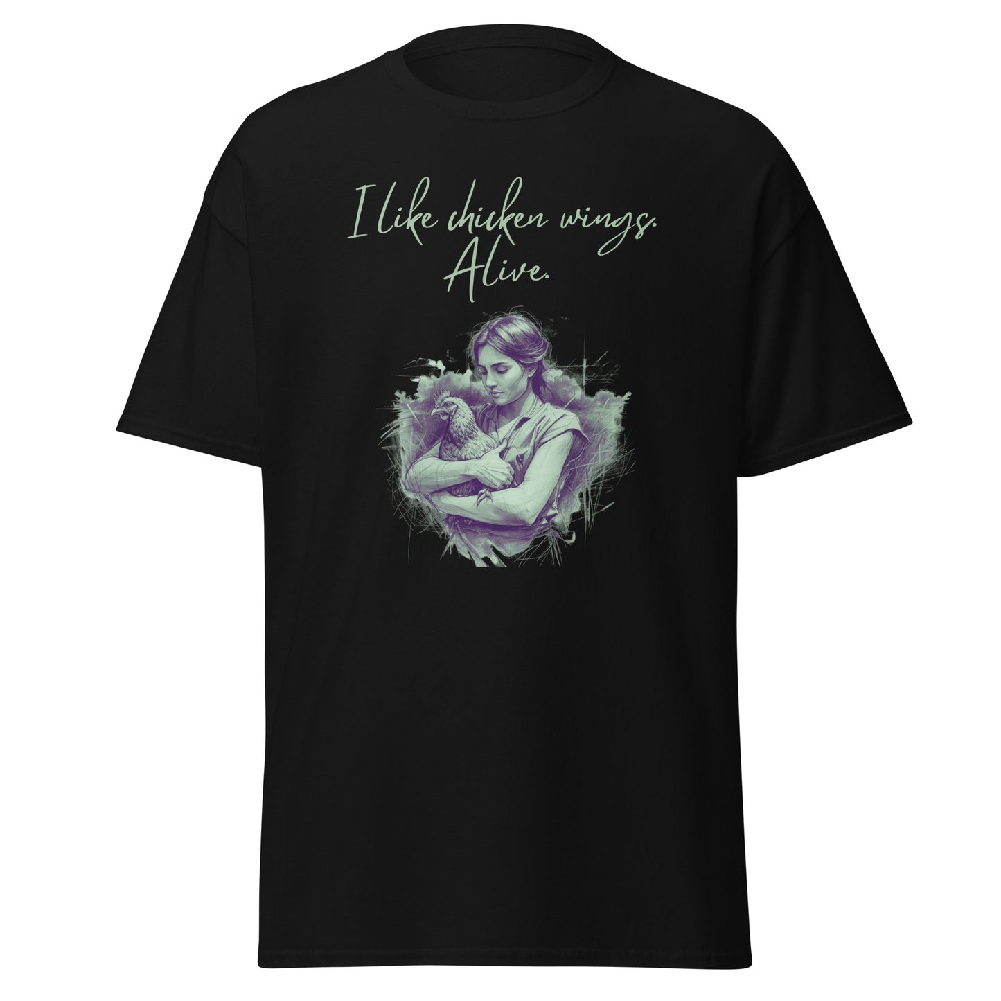I like chicken wings. Alive. Hühner-Liebe, veganes T-Shirt, Unisex