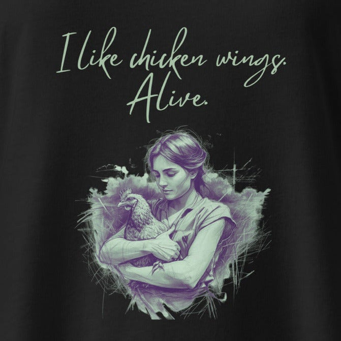 I like chicken wings. Alive. Hühner-Motiv gegen Fleisch, talliertes veganes Racerback-Tanktop