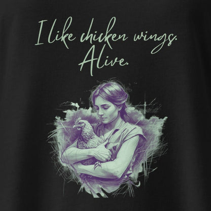 I like chicken wings. Alive. Hühner-Motiv gegen Fleisch, talliertes veganes Racerback-Tanktop